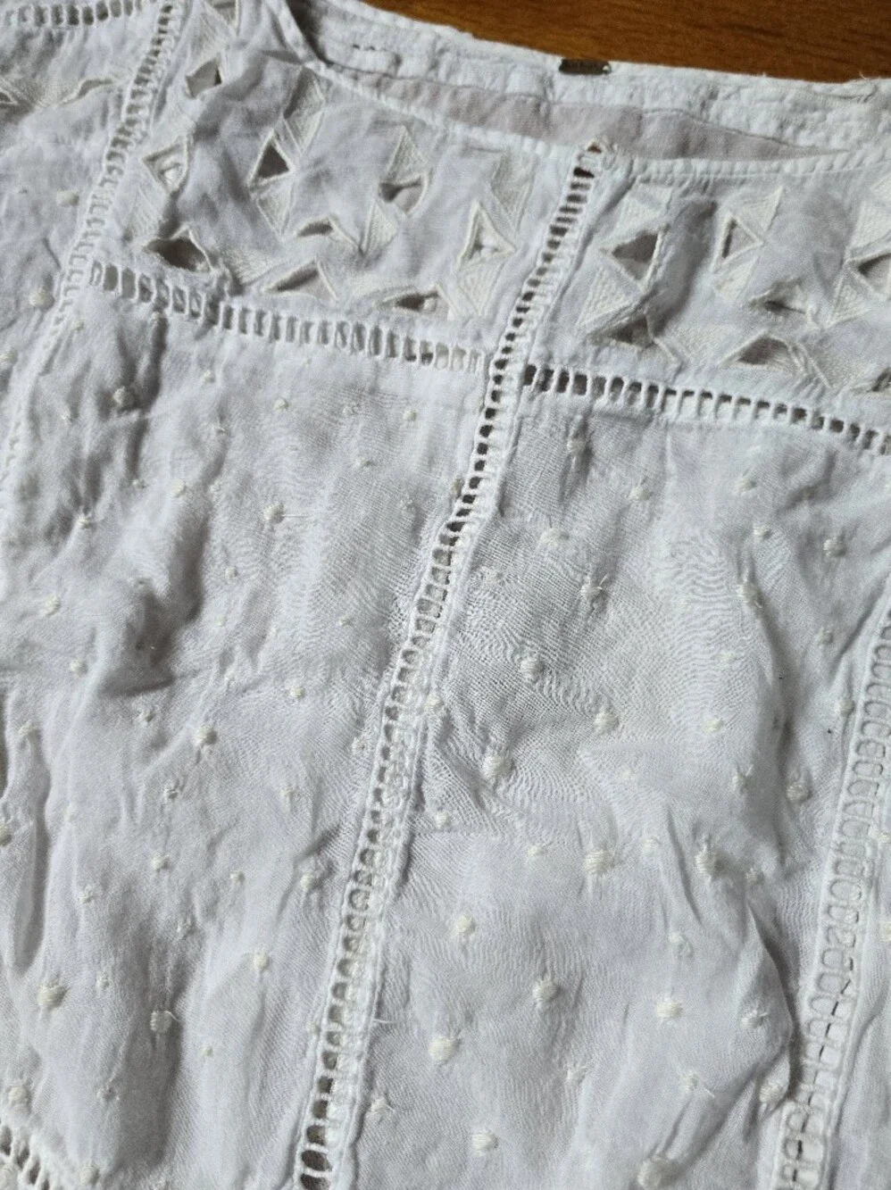 Free People White Top 100% Cotton Popover Swiss Dot Lace Ruffle Embroidered Larg
